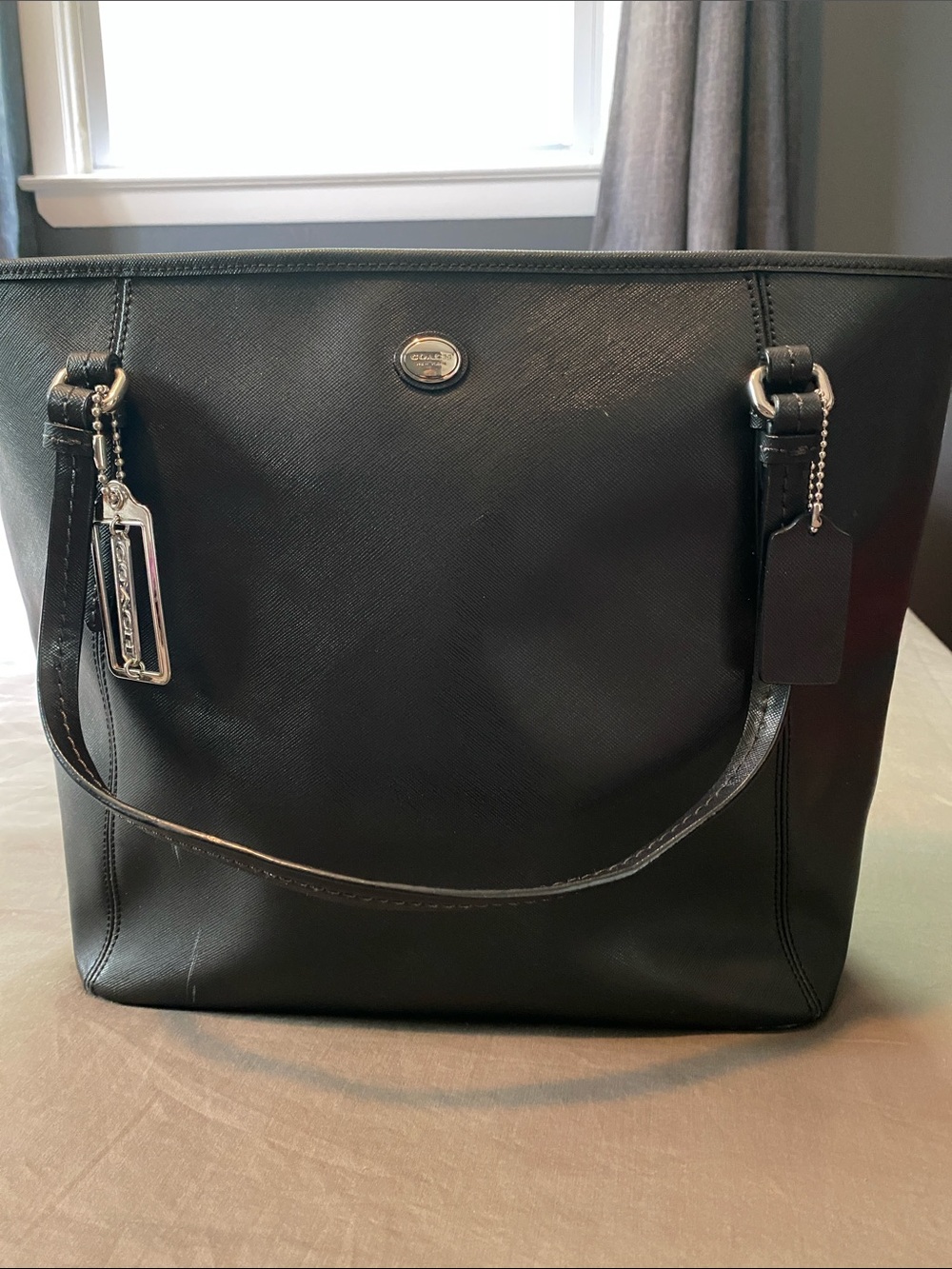 Coach Black Leather Structured Tote with Polished Hardware